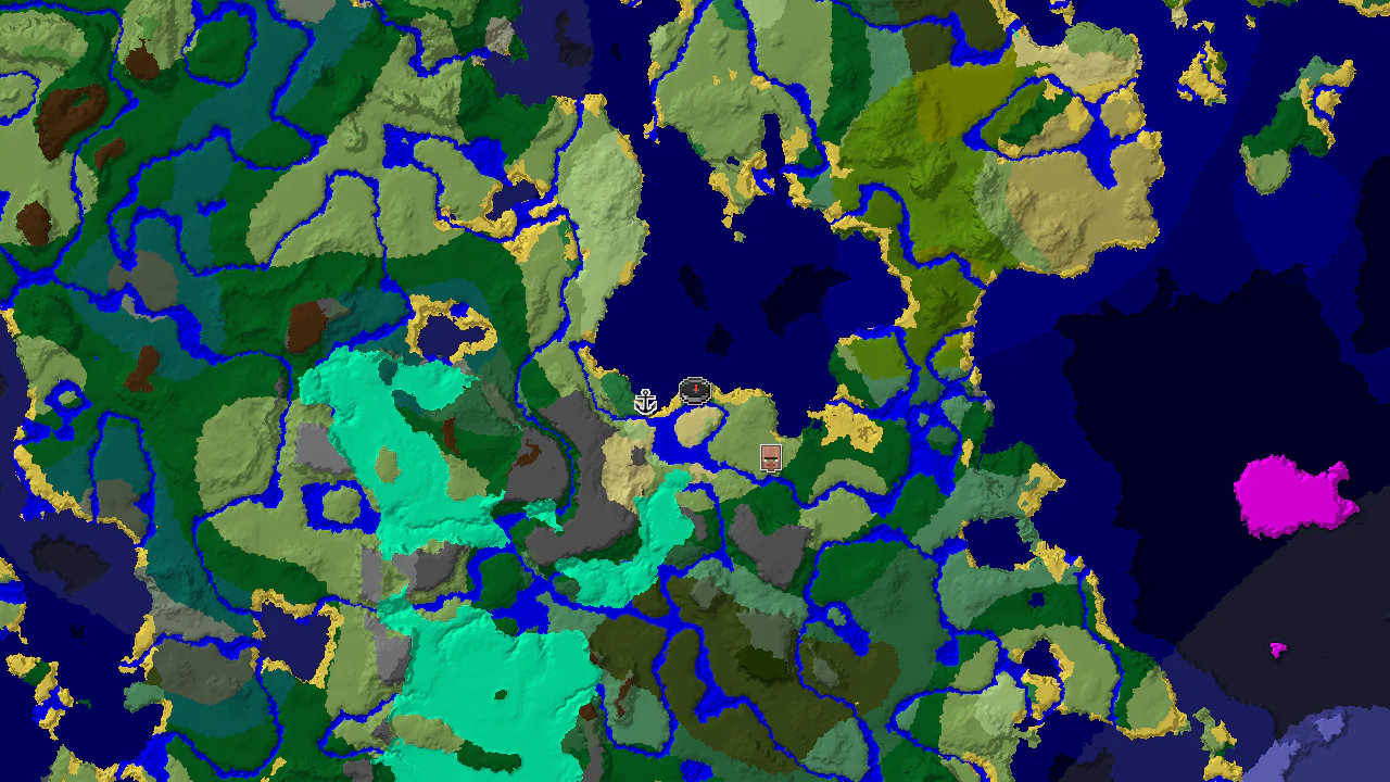 A 2D biome map centered on the spawn point, marked in a Flower Forest biome, with markers for a shipwreck and two villages.