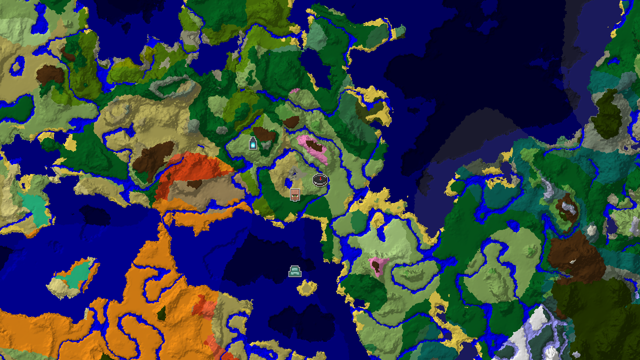 A 2D top-down biome map centered on the spawn point, marked with various biome colors and structure icons for a village, ocean monument, ancient city, and stronghold.