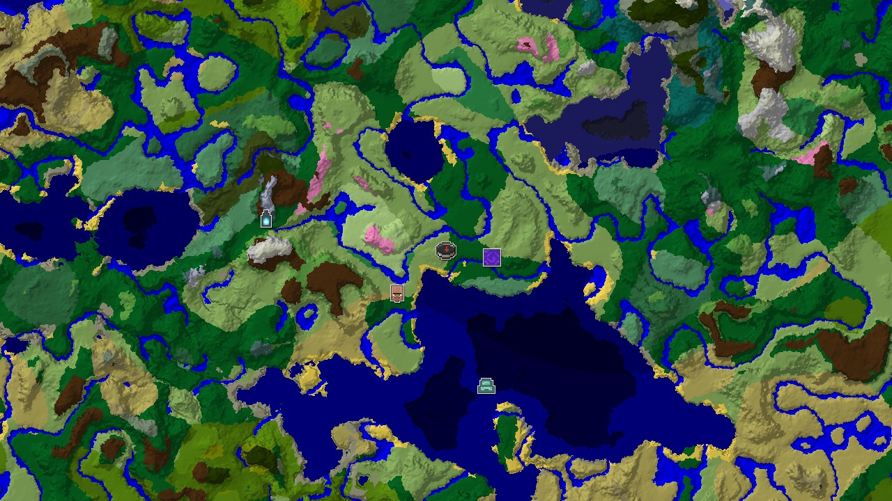 A 2D biome map centered on spawn, showing plains, forests, rivers, and a nearby Flower Forest, with markers for a village and a ruined portal.