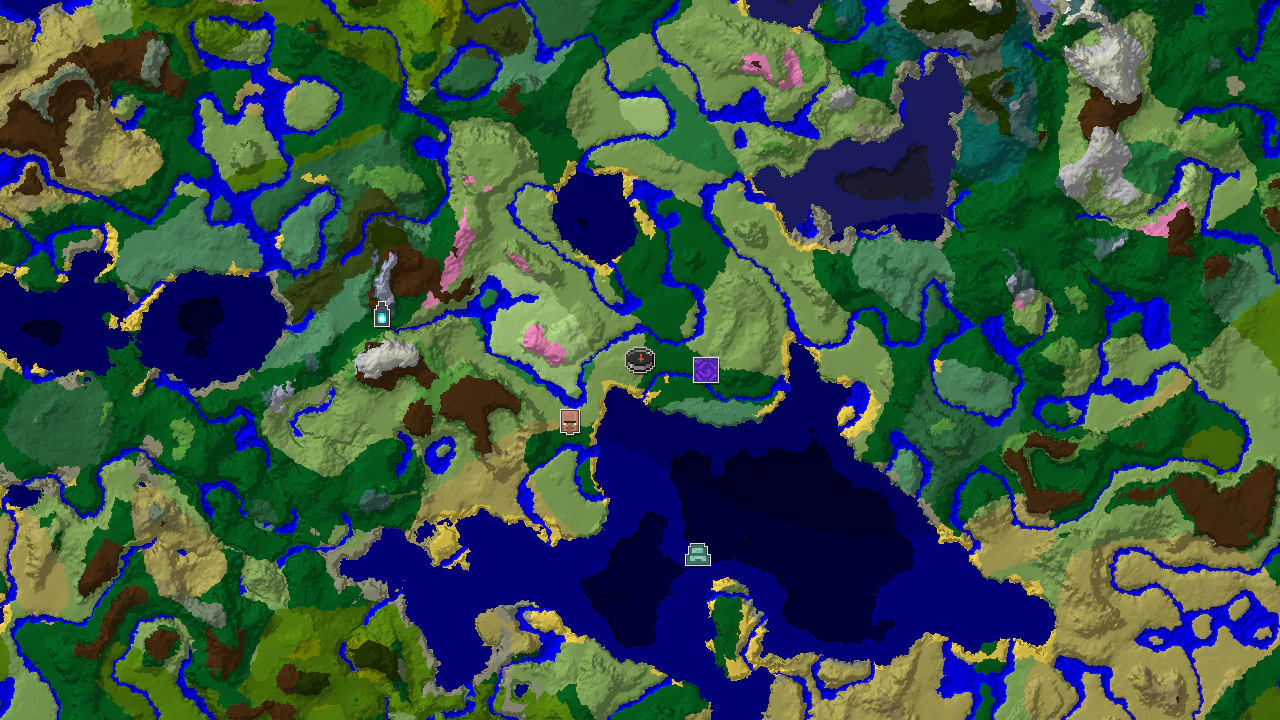 A 2D biome map centered on spawn, showing plains, forests, rivers, and a nearby Flower Forest, with markers for a village and a ruined portal.