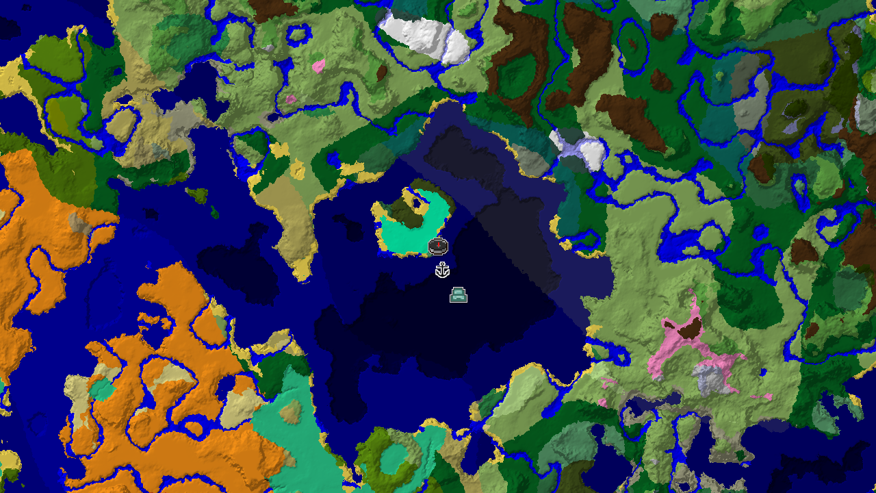 A 2D biome map centered on spawn, showing an Old Growth Birch Forest at spawn, with nearby Ocean and Swamp biomes, and markers for a Shipwreck and an Ocean Monument.
