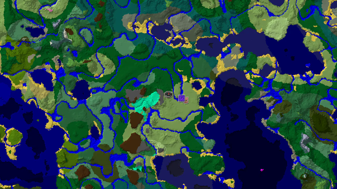 A 2D biome map centered on the spawn point, showing Plains, Forests, Rivers, and a village and ruined portal marked.