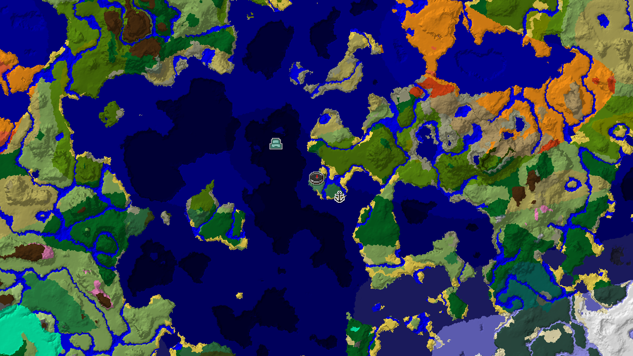 A 2D biome map centered on the spawn point, revealing a varied landscape including ocean, river, and various forest biomes, with markers for an Ocean Monument and Shipwreck.