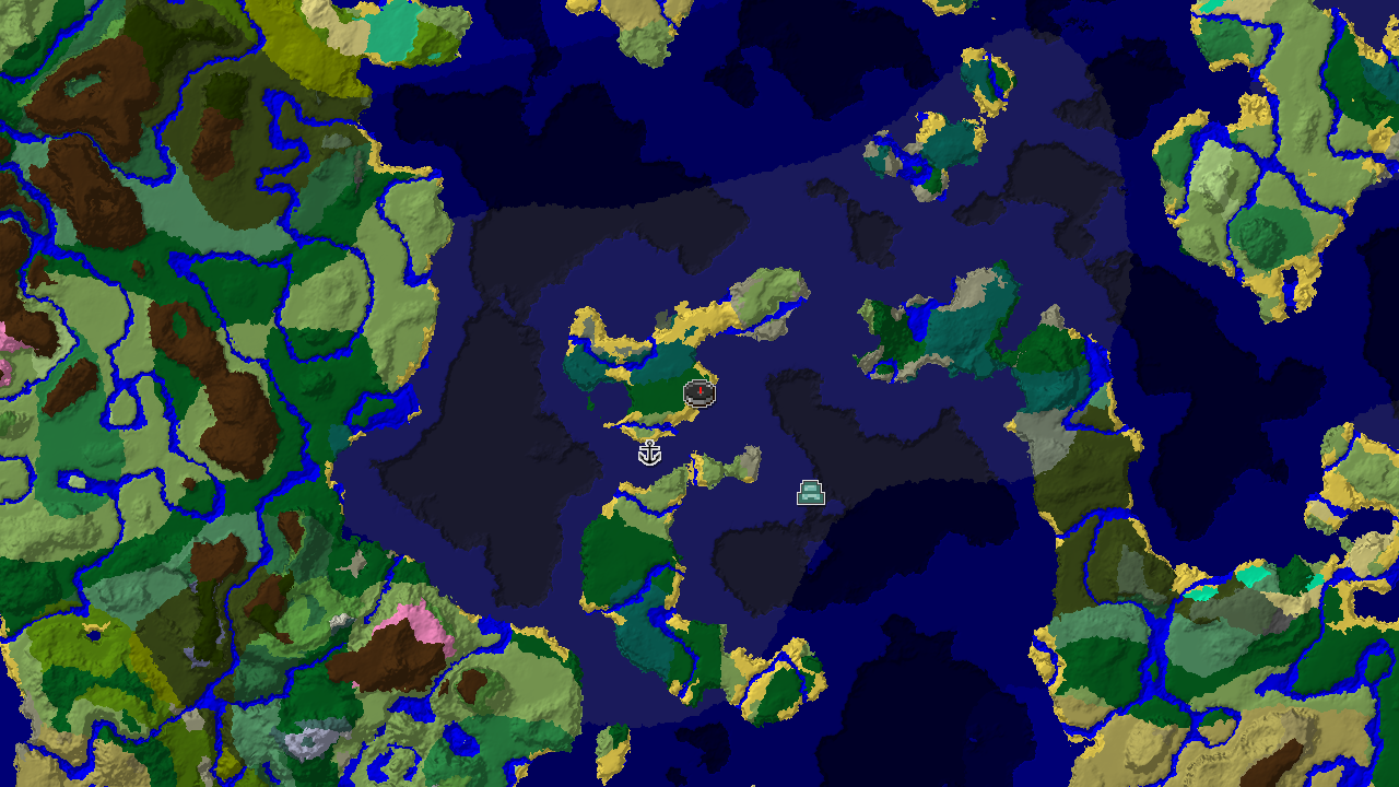 A 2D biome map centered on spawn, showing expansive Cold Ocean and Deep Cold Ocean biomes, with markers for a shipwreck and an ocean monument.