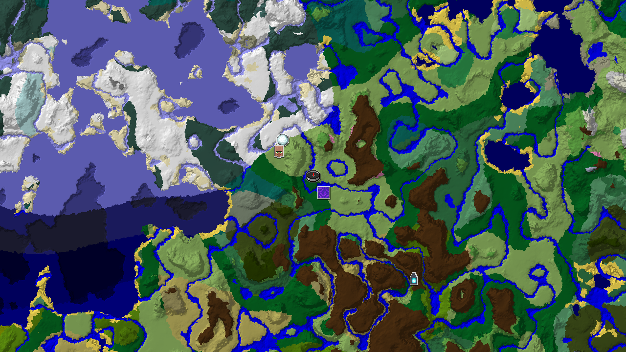 A 2D biome map centered on spawn, showing plains, forests, and a nearby ancient city marker.