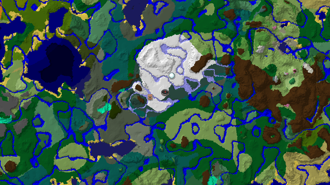 A 2D biome map centered on the spawn point, marked in Snowy Plains, showing a village marker to the west and an igloo marker to the south.