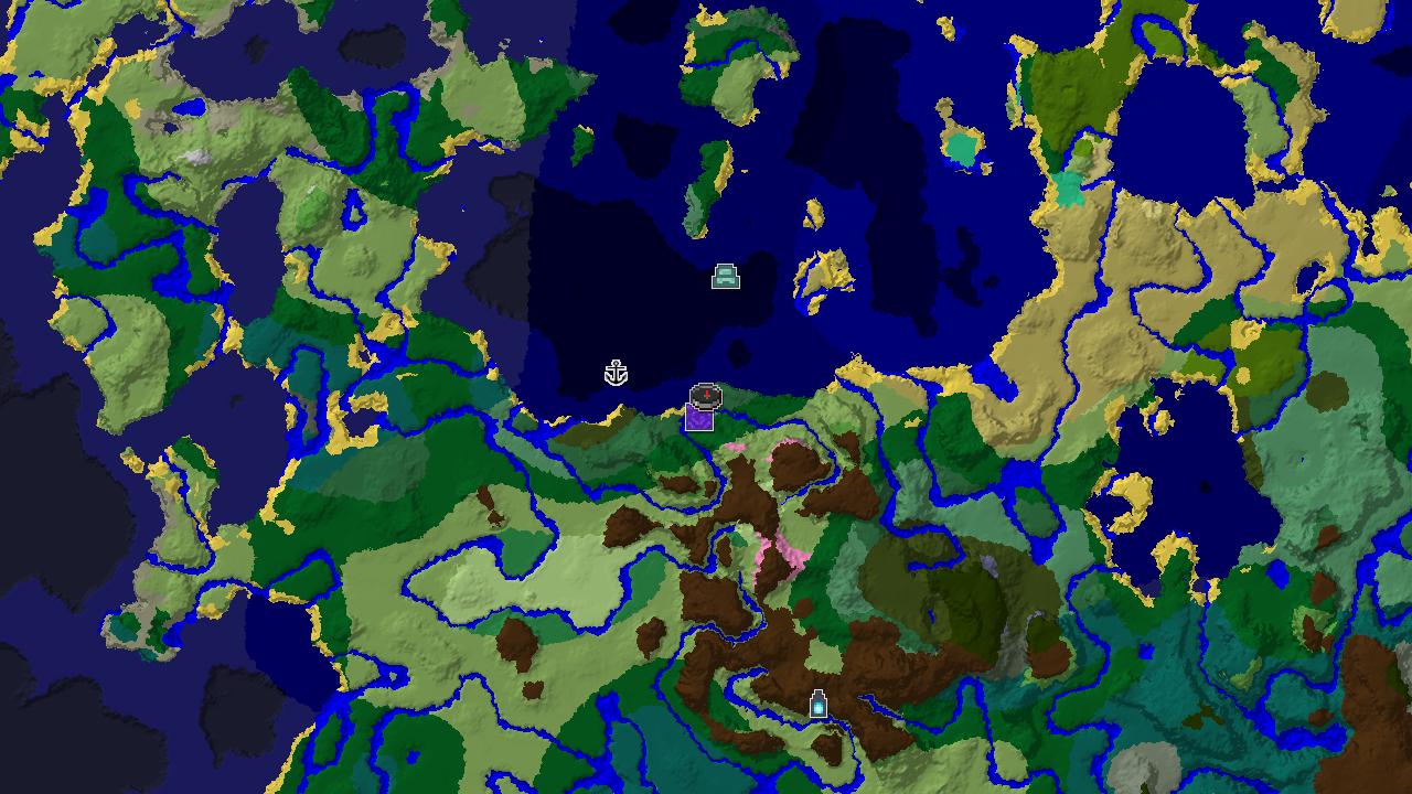 A 2D biome map centered on spawn, showing a cherry grove near a birch forest spawn, with markers for a ruined portal and a shipwreck.