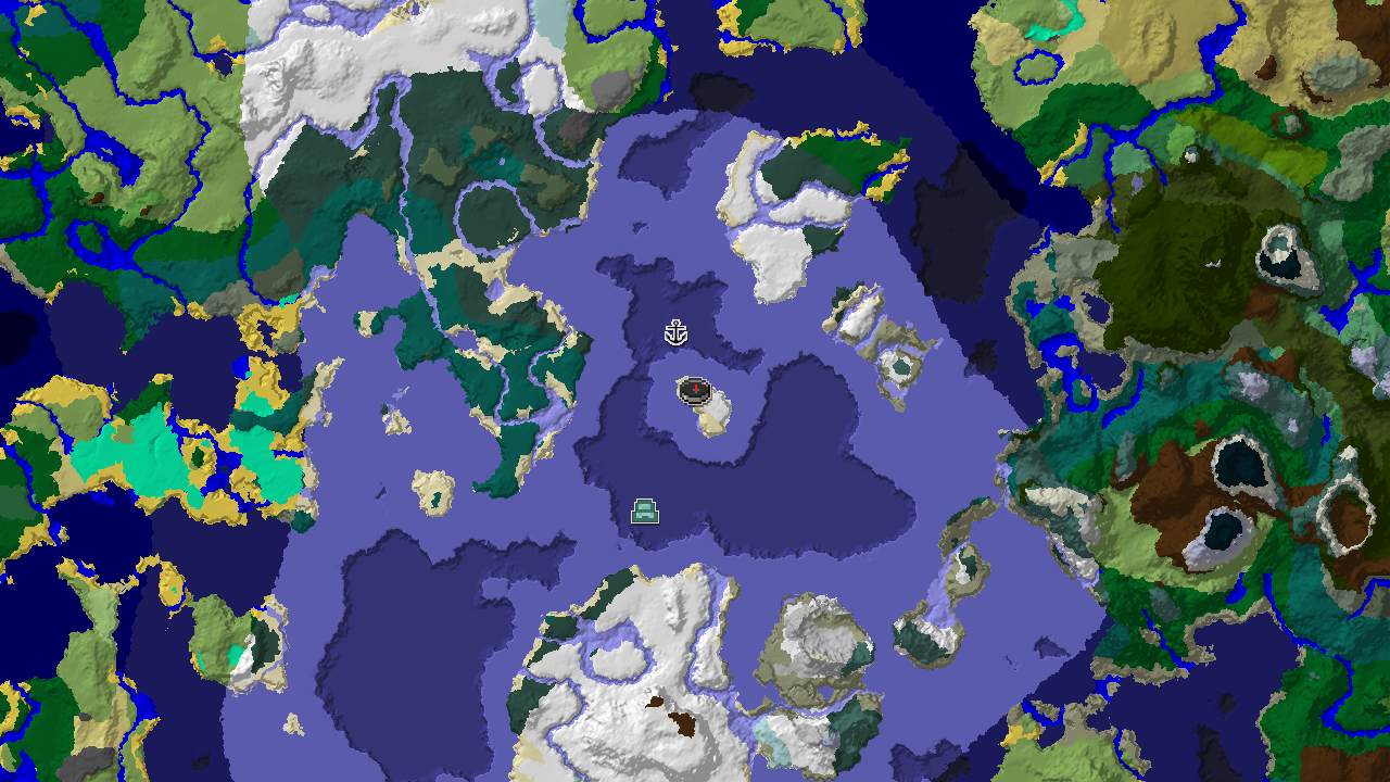 A 2D biome map centered on spawn, showing a large expanse of frozen ocean and snowy plains with markers for a shipwreck and an ocean monument.