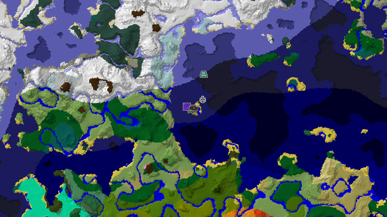 A 2D biome map centered on spawn, showing a Plains spawn point with a Ruined Portal and Shipwreck nearby, and an Ocean Monument further out in the cold ocean.