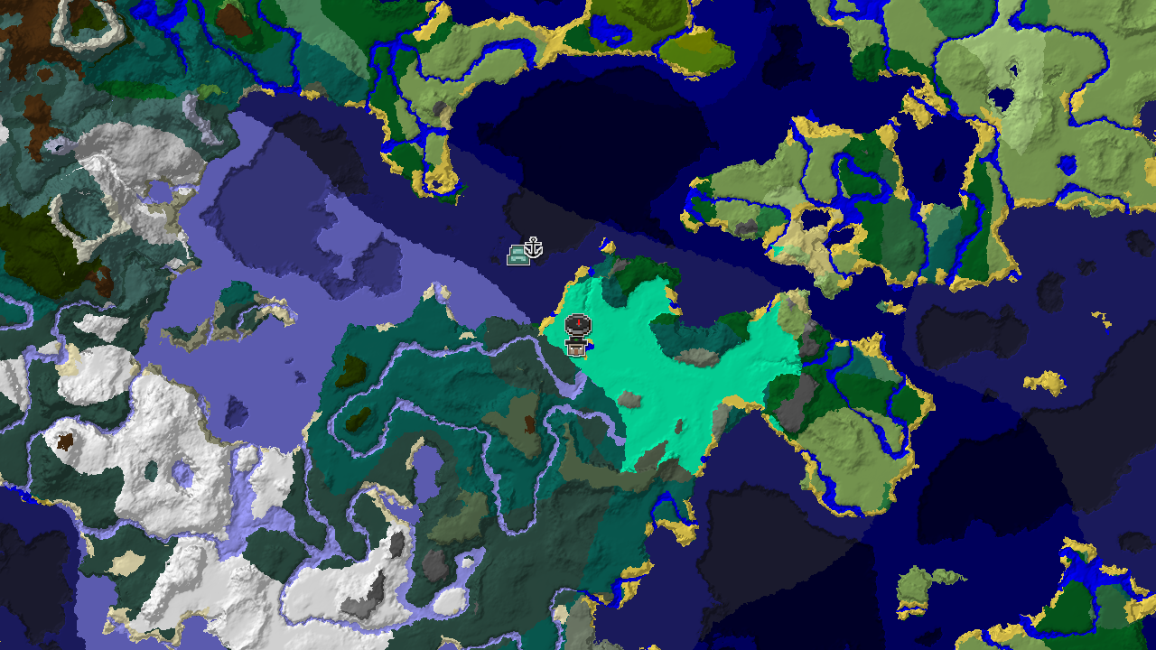 A 2D biome map centered on spawn, showing a swamp at spawn, a witch hut to the southeast, an ocean monument and a shipwreck to the southwest, and various cold biomes surrounding.
