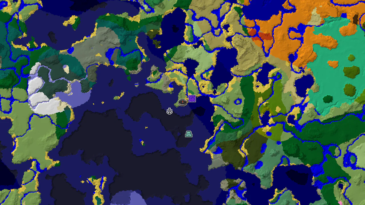 A 2D biome map centered on spawn, showing a Flower Forest to the east, and various ocean biomes to the north, west, and south, with markers for a Ruined Portal and Shipwreck.