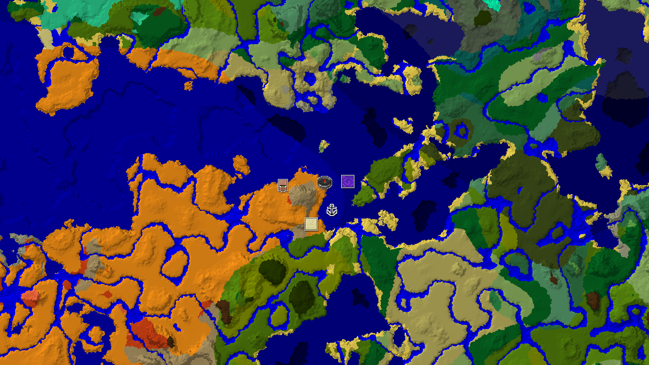A 2D biome map centered on the spawn point, showing a large desert area, various ocean biomes, and markers for a village, ruined portal, shipwreck, and desert pyramid.