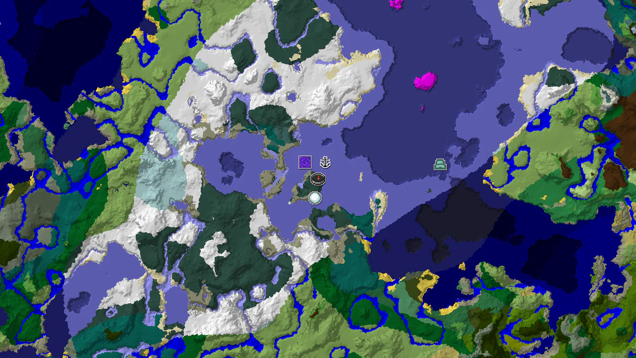A 2D biome map centered on spawn, showing snowy taiga, frozen ocean, and stony shore biomes, with markers for a shipwreck, ruined portal, and igloo.