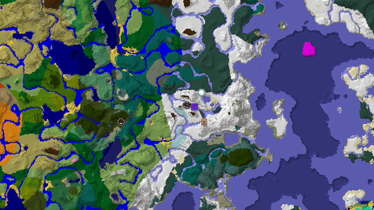 Top-down 2D biome map centred on a spawn marker in a snowy valley, with markers for a village, ruined portal, igloo and woodland mansion.