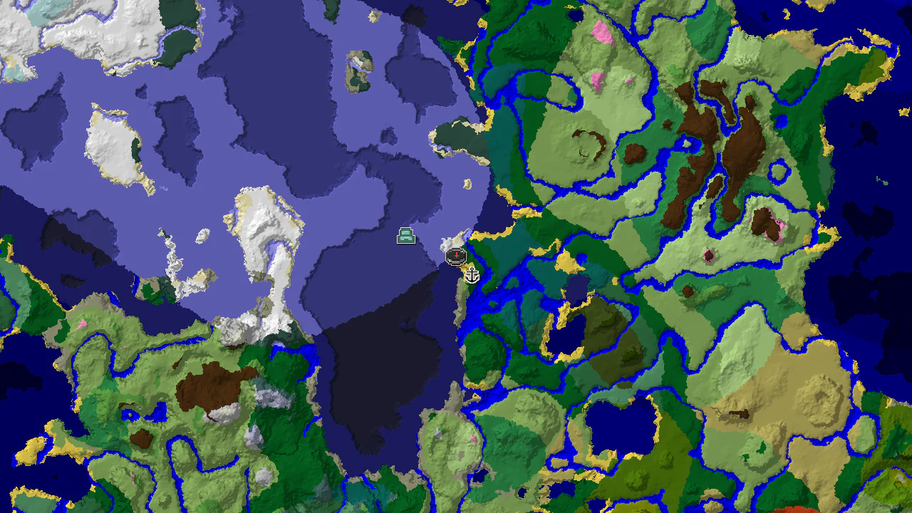 A 2D biome map centered on spawn, showing a large forest island surrounded by various ocean and frozen biomes, with markers for a shipwreck and an ocean monument.
