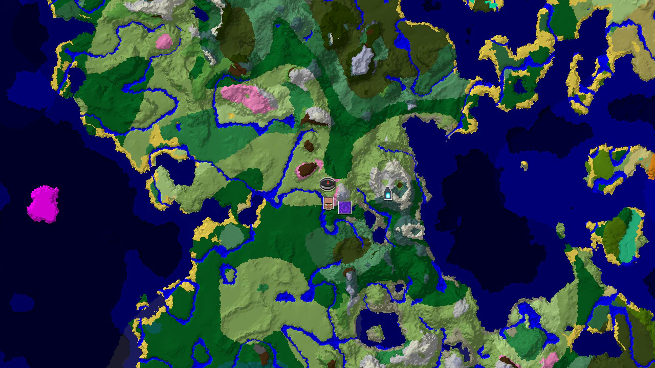 A top-down 2D biome map centered on spawn, showing a Cherry Grove nearby, a village to the south, a ruined portal to the southeast, and an ancient city to the east.
