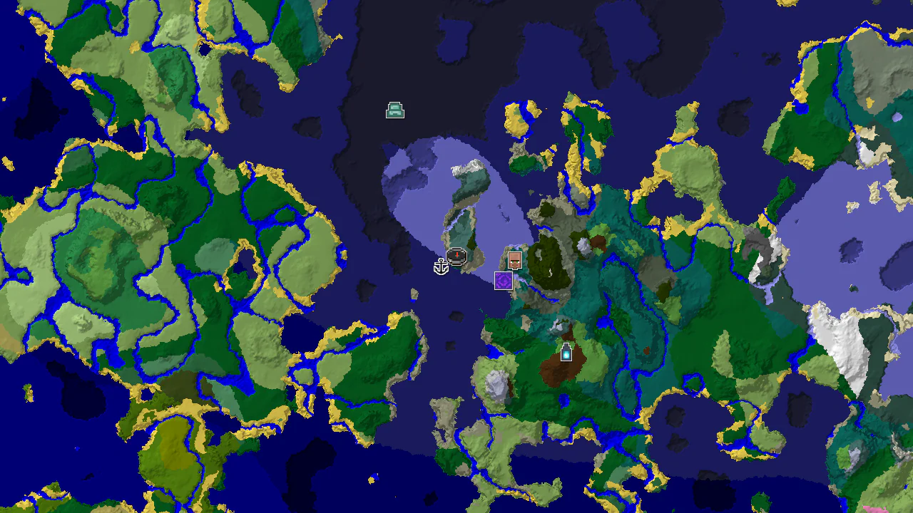 A top-down 2D biome map centered on spawn, showing a Grove island surrounded by Frozen Ocean and Cold Ocean, with markers for a village, ruined portal, and shipwreck.