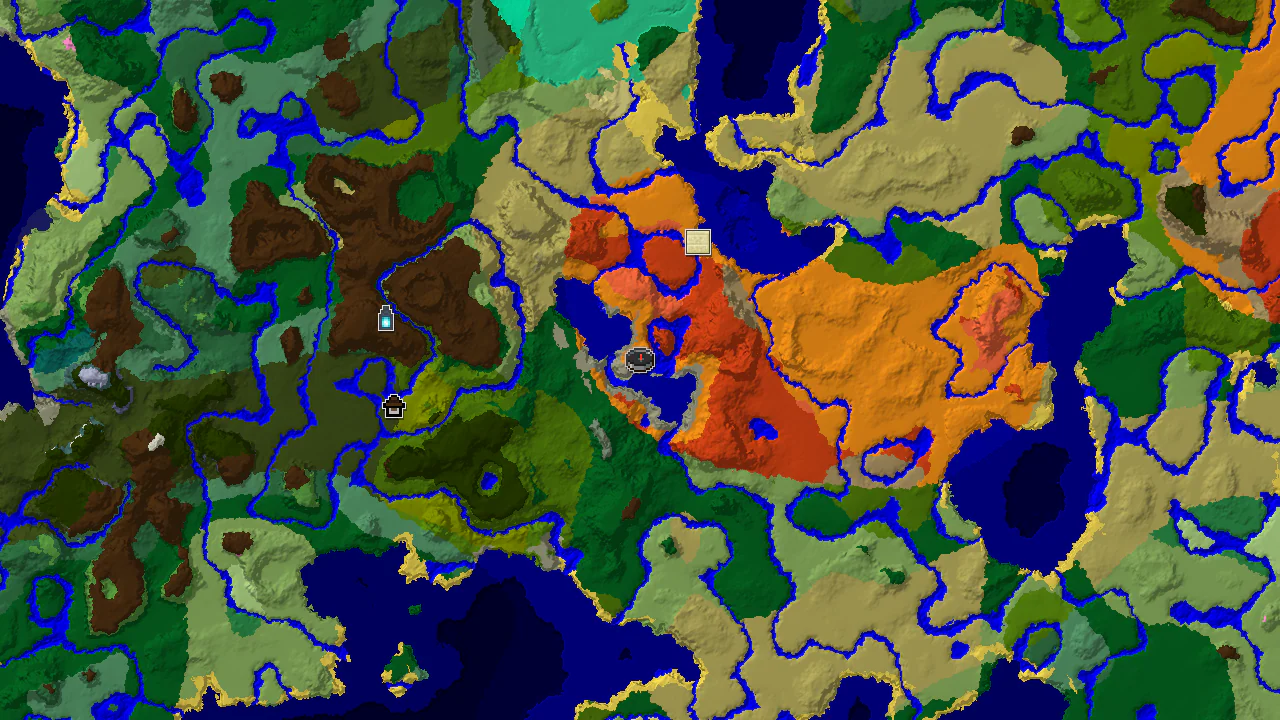 A 2D biome map centered on spawn, showing a large desert area with nearby badlands and forests, with markers for a Woodland Mansion, Ancient City, and Desert Pyramid.