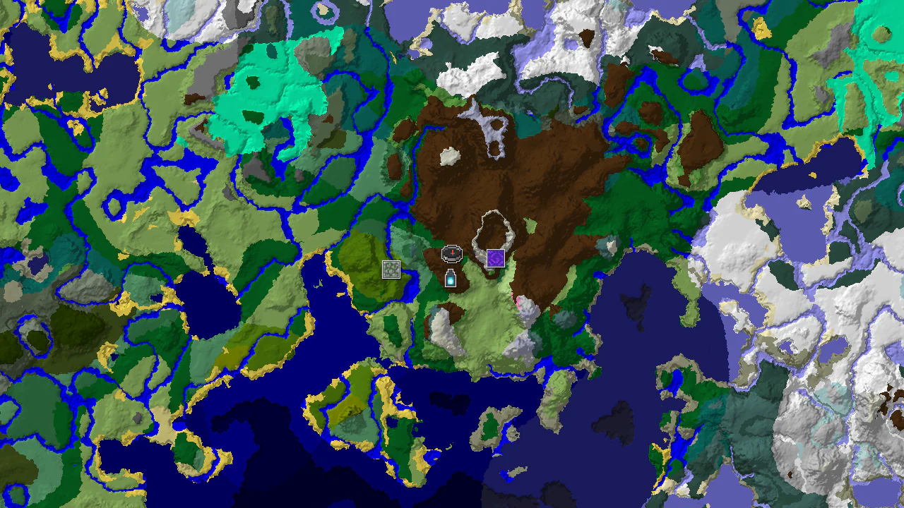 Top-down 2D biome map centred on the spawn marker in a forest, with markers for the Ancient City, Ruined Portal, Jungle Temple and two villages.