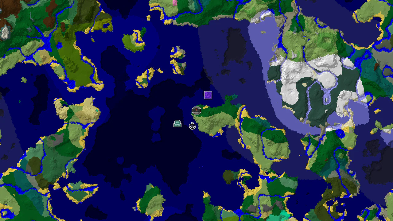 A 2D biome map centered on the spawn point, showing a large forest island surrounded by various ocean biomes. Markers indicate a shipwreck, a ruined portal, and an ocean monument.
