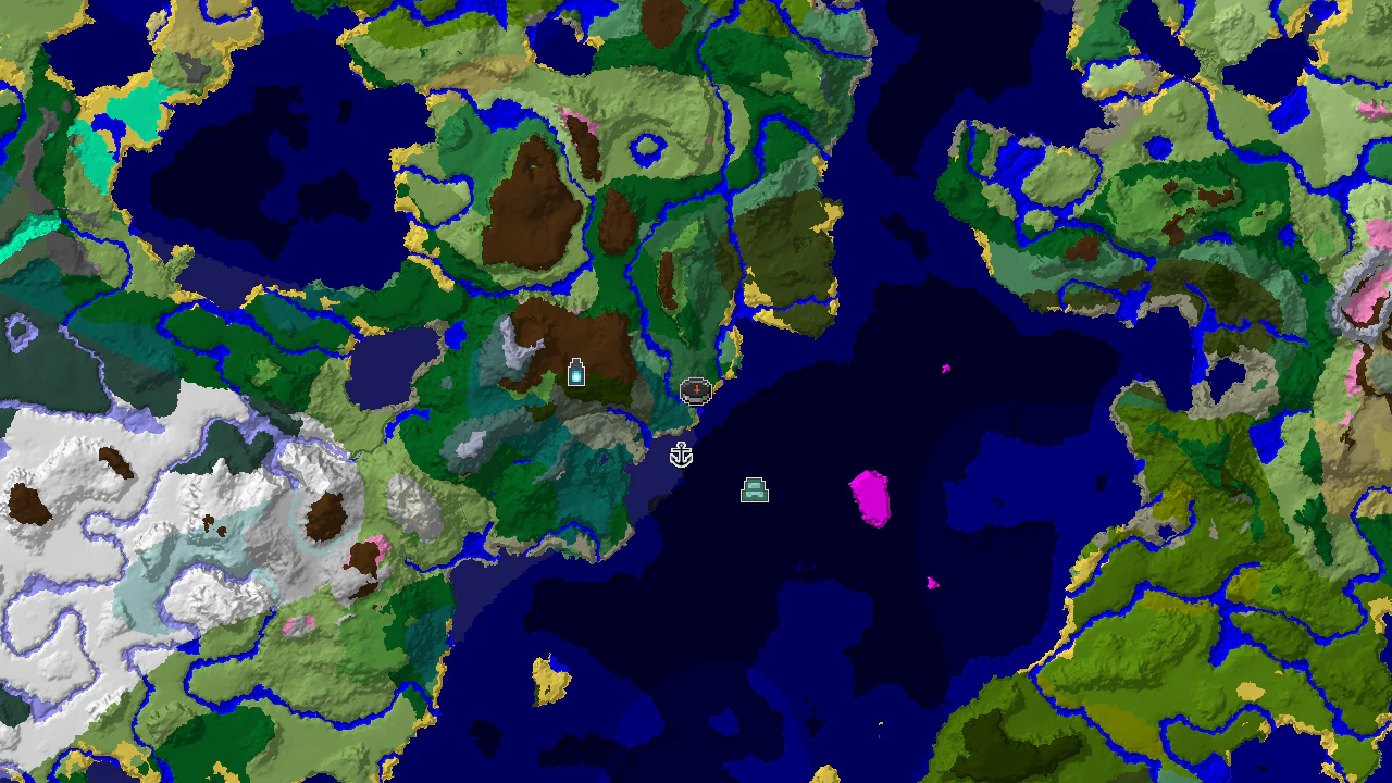 Top-down 2D biome map centred on the spawn marker in a birch forest, with structure markers for a shipwreck, an ocean monument and an ancient city.