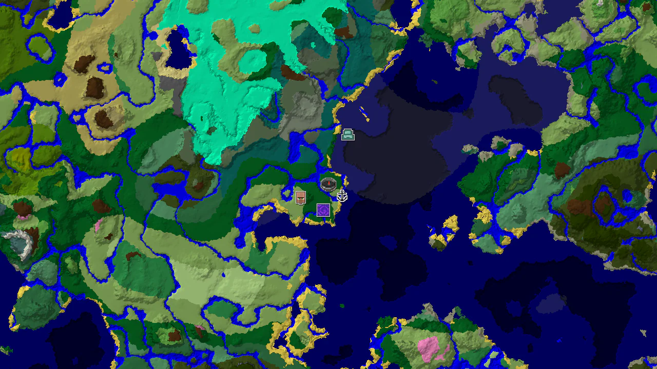 A 2D biome map centered on spawn, showing a small island of Forest, Beach, and Plains, surrounded by Ocean. Markers indicate a village, ruined portal, and shipwreck nearby.