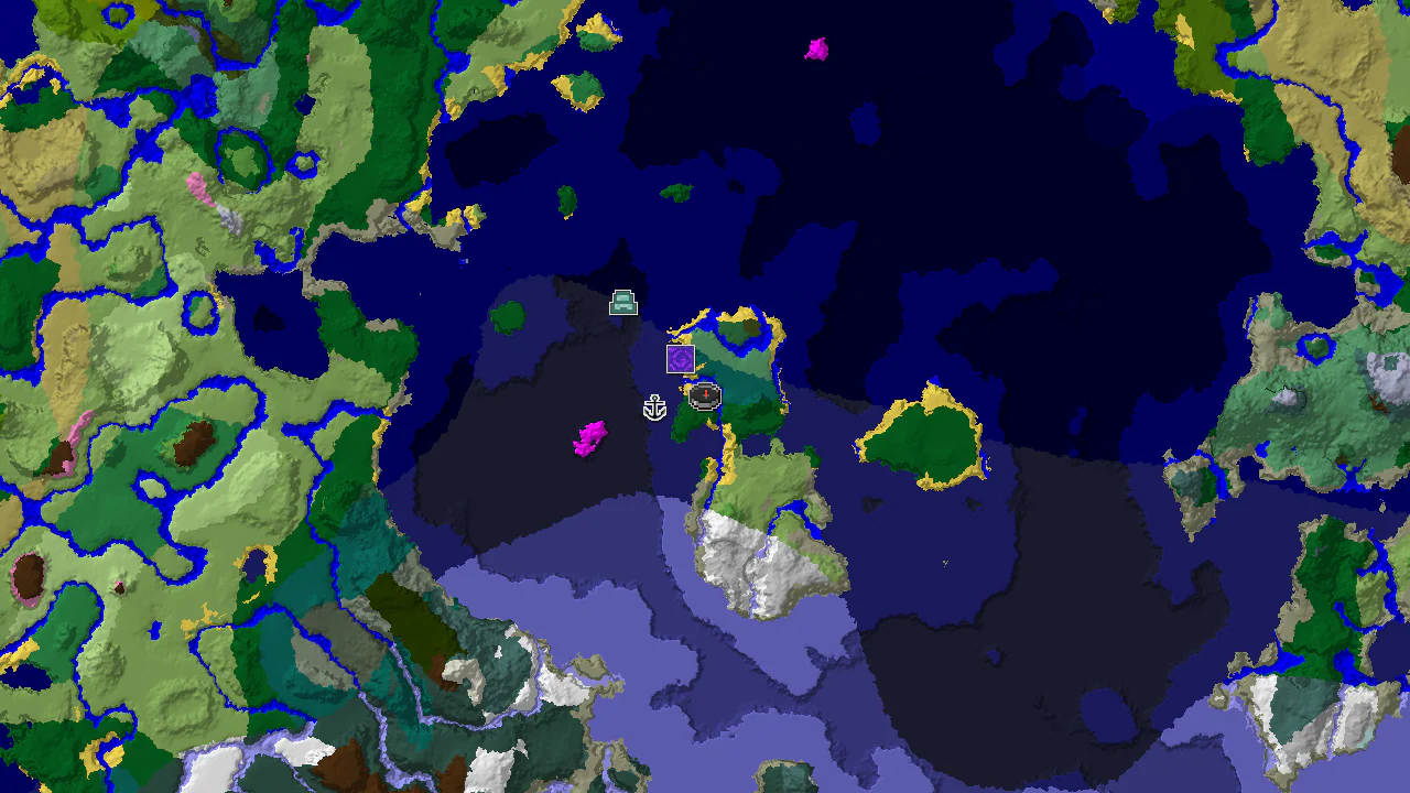 A 2D biome map centered on spawn, showing a large island surrounded by various ocean biomes, with markers for a ruined portal, shipwreck, and ocean monument.