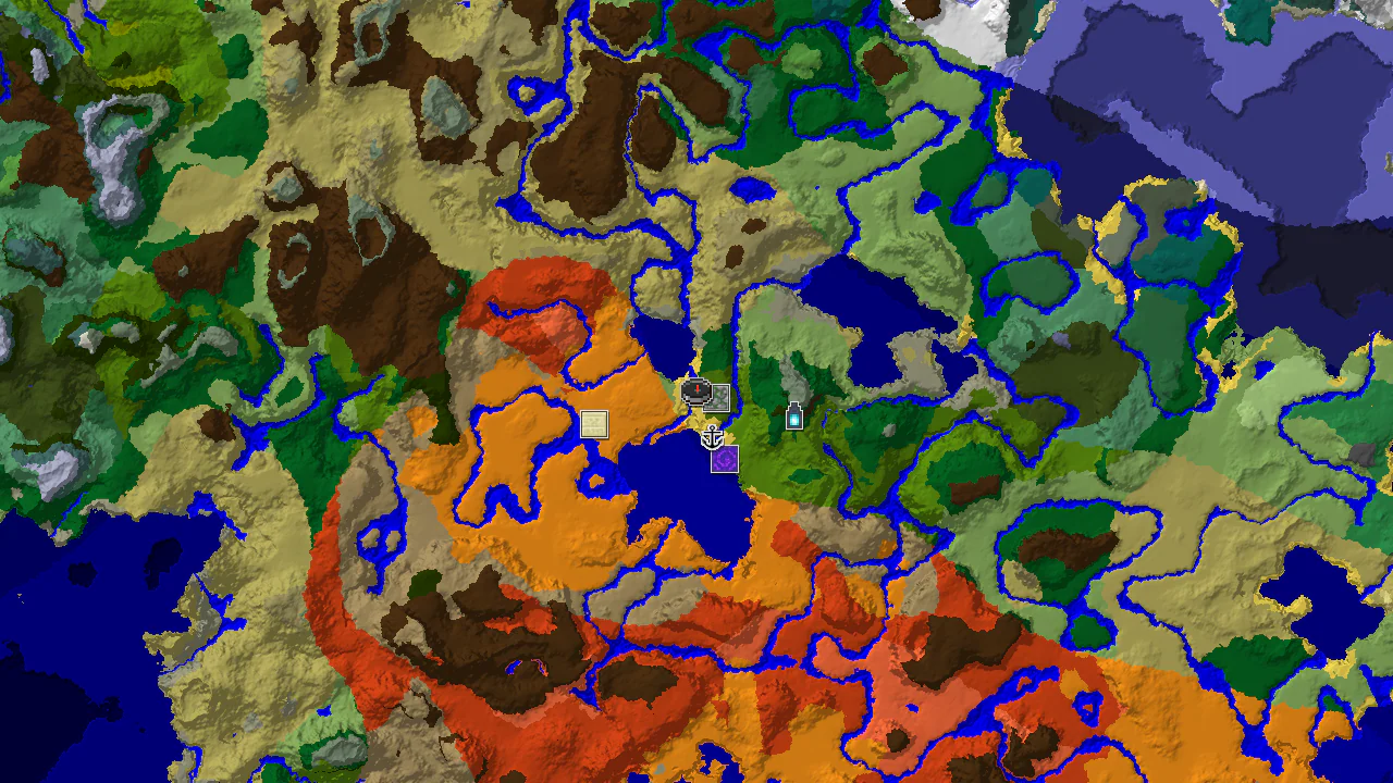 A 2D biome map centered on spawn, showing a large desert to the west, badlands to the south, and various jungles and oceans surrounding.