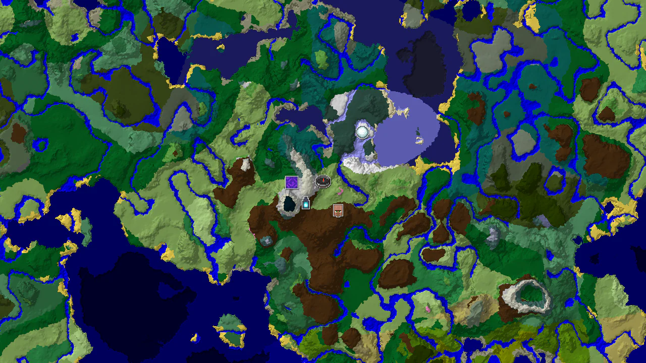 Top-down 2D biome map centred on a plains spawn, with a spawn marker and structure markers for a village, ruined portal, ancient city, igloo and stronghold.