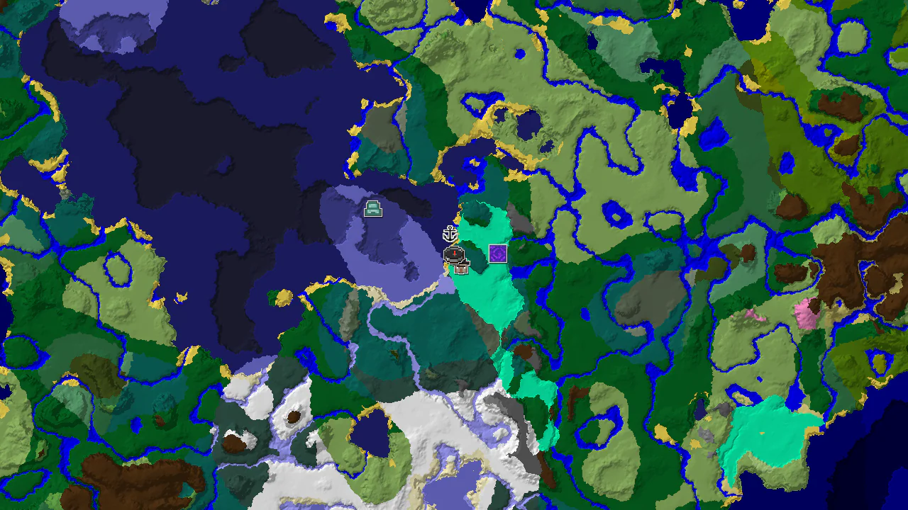 A 2D biome map centered on the spawn point, revealing a varied landscape including swamp, taiga, and ocean biomes. Markers indicate nearby structures such as a shipwreck, ruined portal, witch hut, and ocean monument.