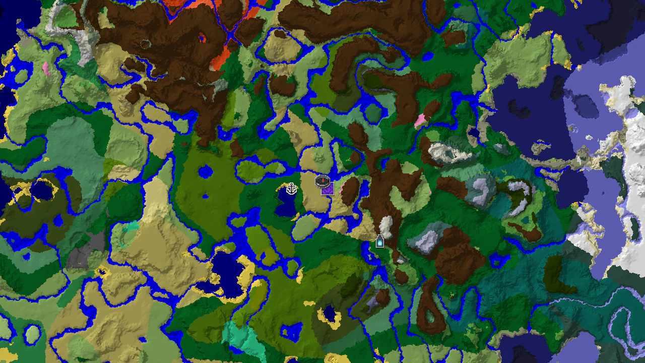 Top-down 2D biome map centred on a savanna spawn marker, with markers for a ruined portal, a shipwreck, an ancient city and a stronghold, and forest, jungle and cherry grove patches around them.