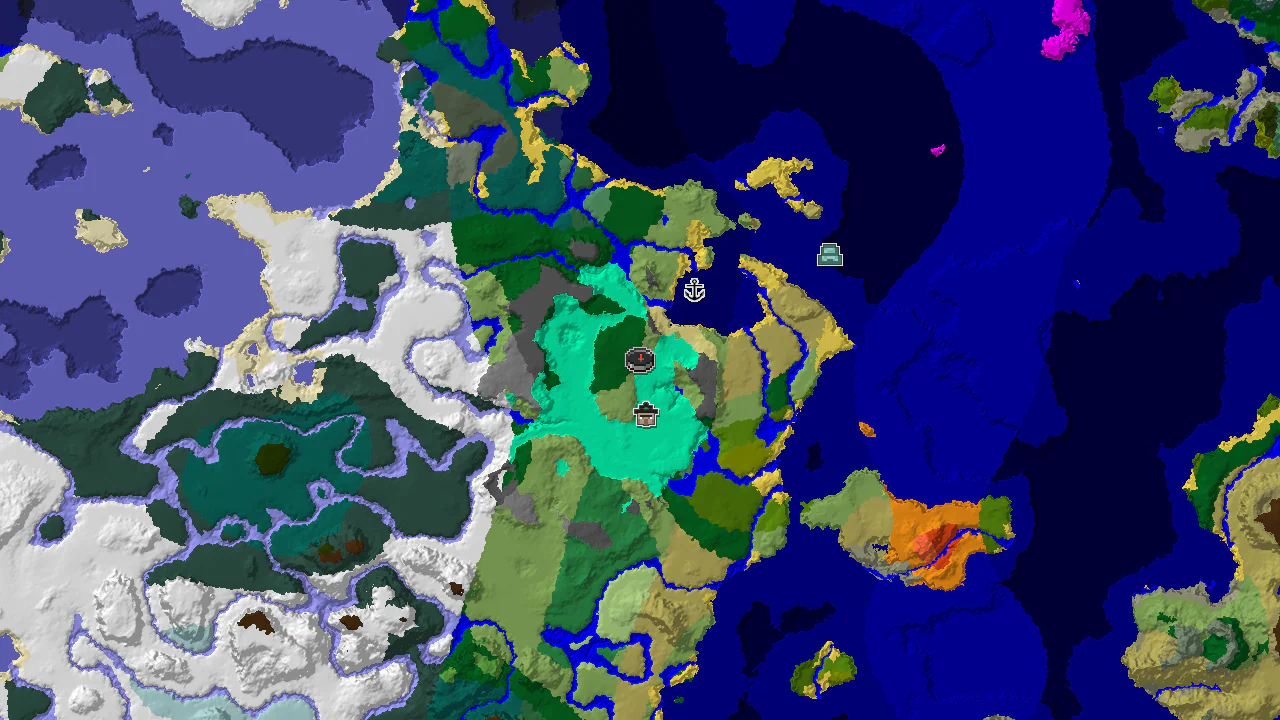 Top-down 2D biome map centred on the spawn marker in plains, with markers for a shipwreck, an ocean monument, a witch hut and a stronghold.