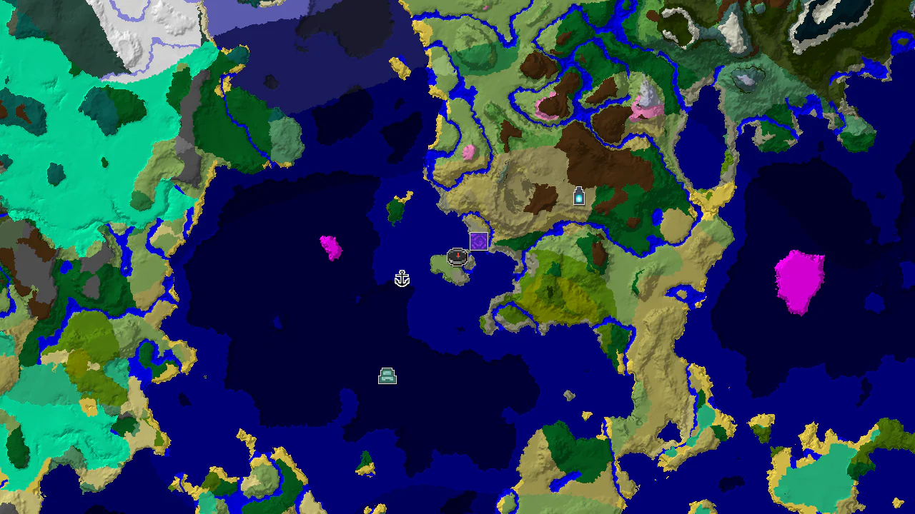 A 2D biome map centered on spawn, showing a Plains and Stony Shore island surrounded by ocean biomes, with markers for a Ruined Portal, Shipwreck, Ocean Monument, and Ancient City.