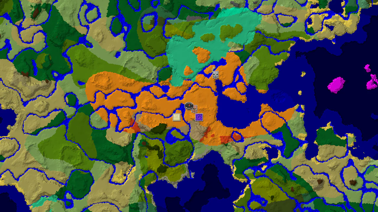 Top-down 2D biome map centred on the spawn marker in a desert, with markers for two villages, a ruined portal, a desert pyramid and a pillager outpost.