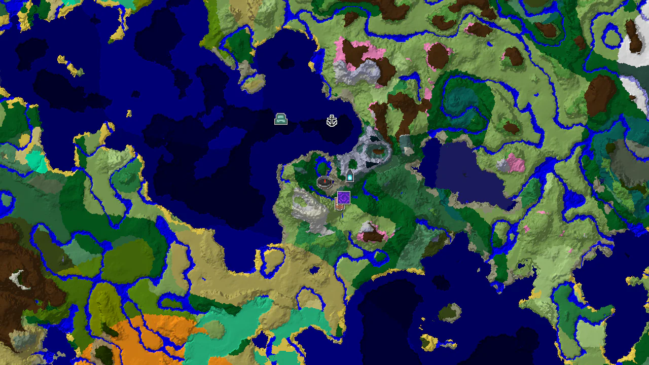 A top-down 2D biome map centered on spawn, showing forest, plains, ocean, and mountains with markers for a village, ruined portal, and ancient city.