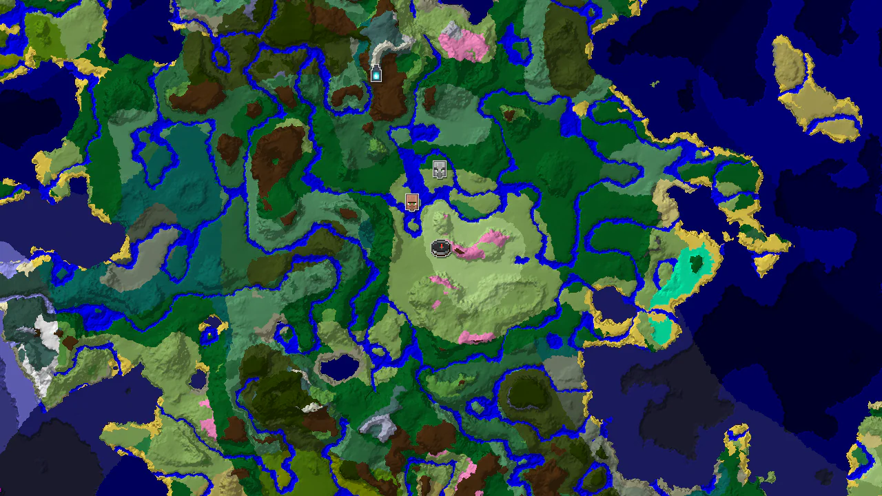 Top-down 2D biome map centred on the spawn marker in sunflower plains, with markers for the village, pillager outpost, ancient city and stronghold.