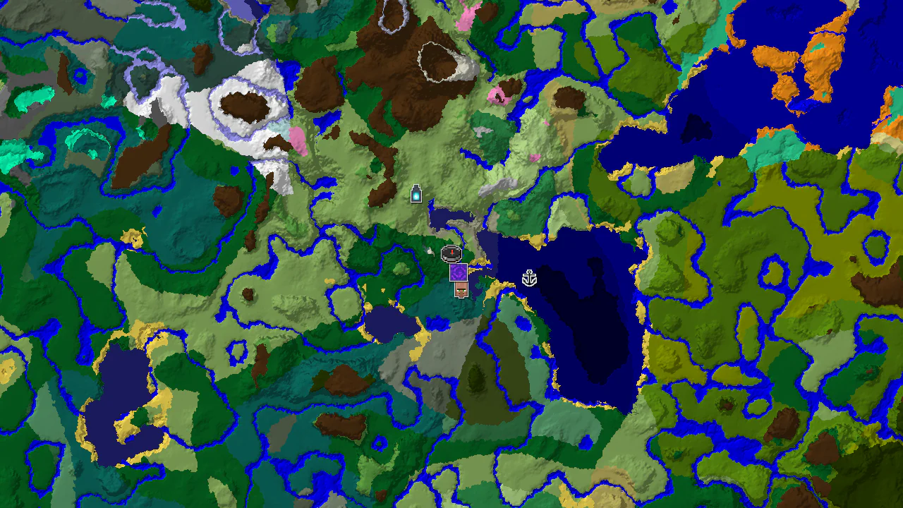 Top-down 2D biome map centred on a forest spawn, with markers for the nearby village, ruined portal, shipwreck, ancient city and stronghold.