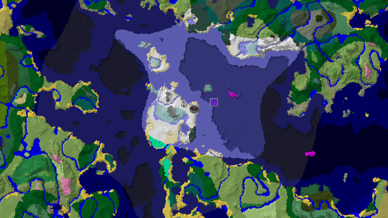 A 2D biome map centered on spawn, showing an island dominated by snowy biomes and Ice Spikes, with markers for a shipwreck, ruined portal, and ocean monument.