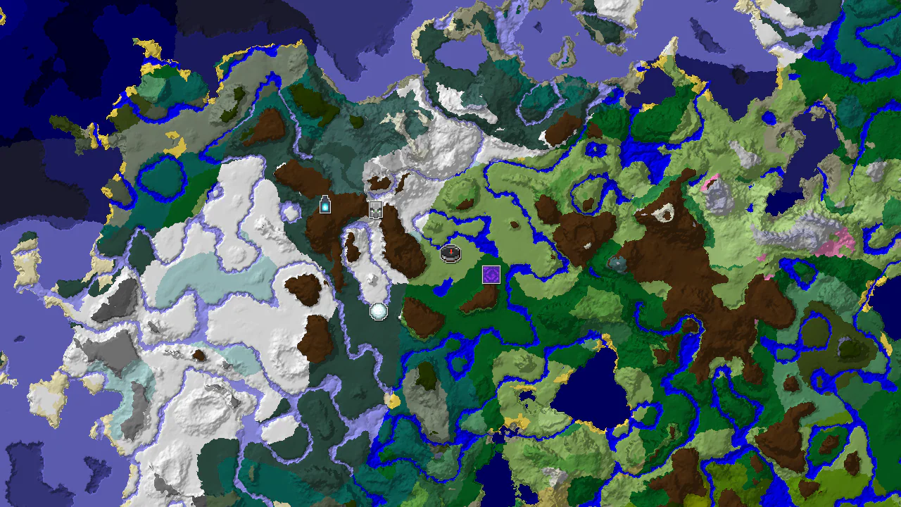 Top-down 2D biome map centred on the spawn marker, with colored biome regions and markers for the nearby structures and villages.