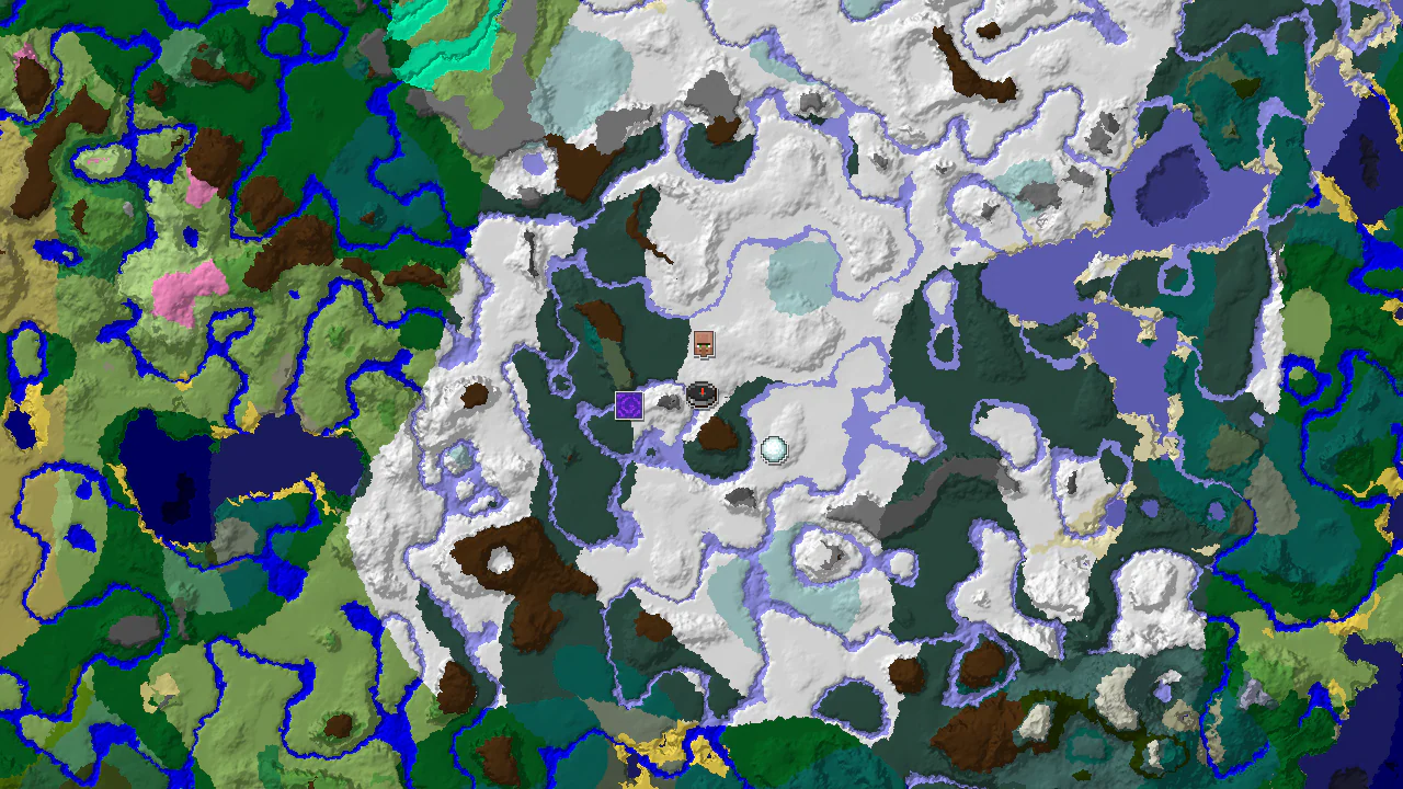 Top-down 2D biome map centred on a Snowy Plains spawn, with a spawn marker and markers for the village, ruined portal, igloo and stronghold.