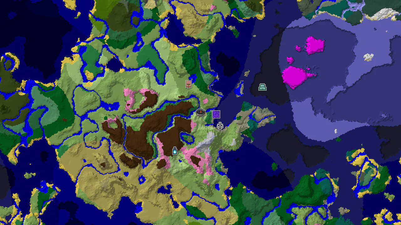 Top-down 2D biome map centred on the spawn marker in Sunflower Plains, with structure markers for a village, ruined portal, shipwreck, ocean monument and ancient city around it.