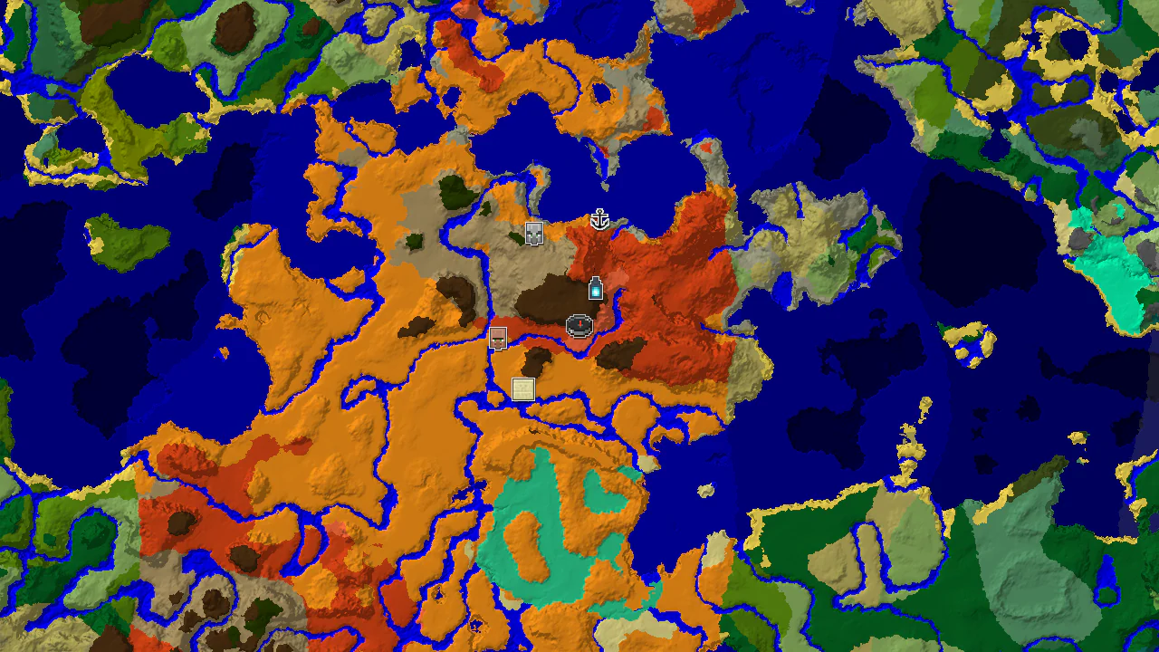 A 2D biome map centered on spawn, showing Badlands, Desert, and Warm Ocean, with markers for a village, shipwreck, pillager outpost, ancient city, and desert pyramid.