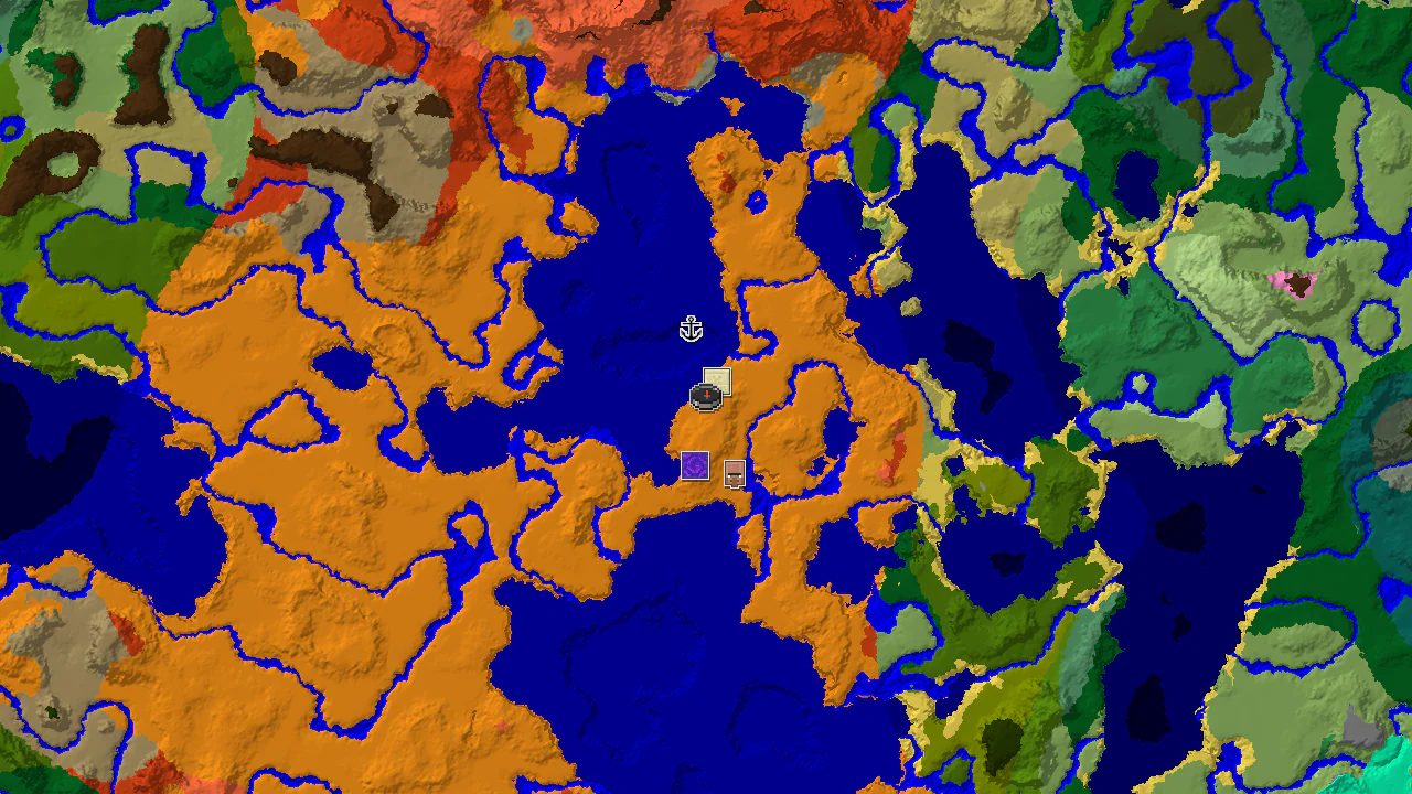 Top-down biome map centred on a desert spawn, with markers for the nearby desert pyramid, a village to the south, a ruined portal and a shipwreck.