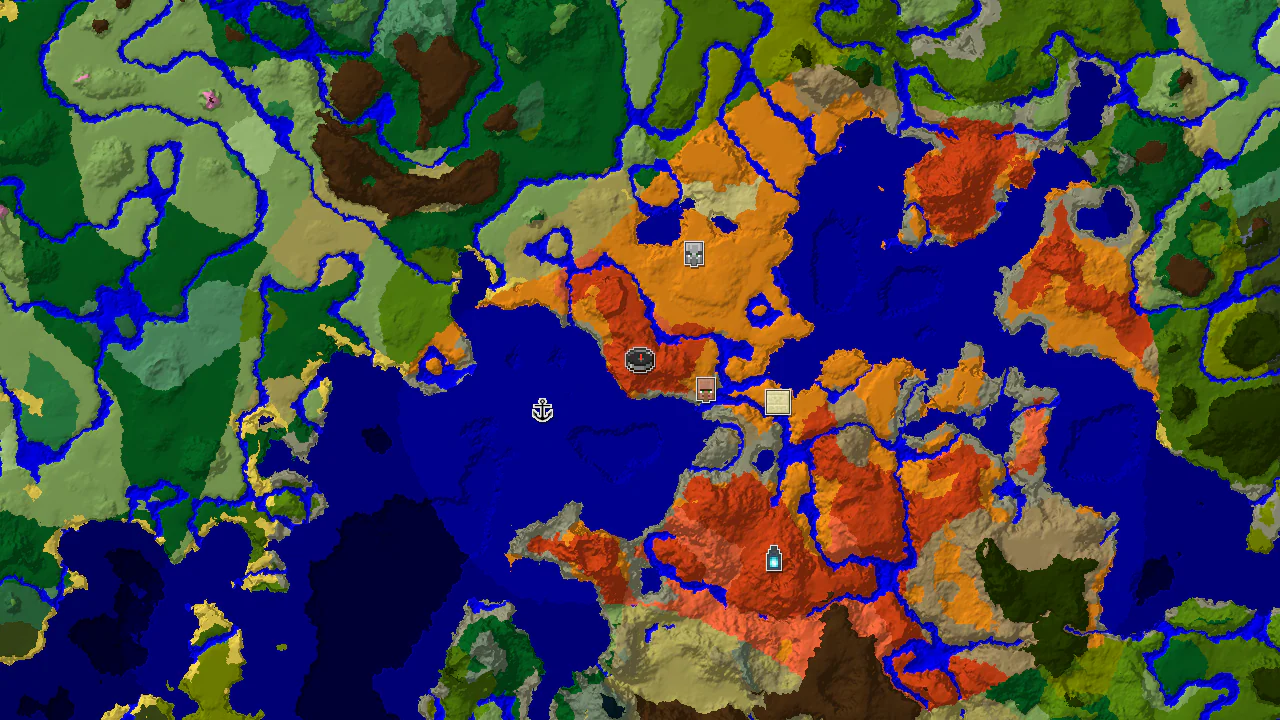 A 2D biome map centered on spawn, showing a large area of Badlands, Desert, and Warm Ocean, with markers for a village, shipwreck, pillager outpost, ancient city, and desert pyramid.