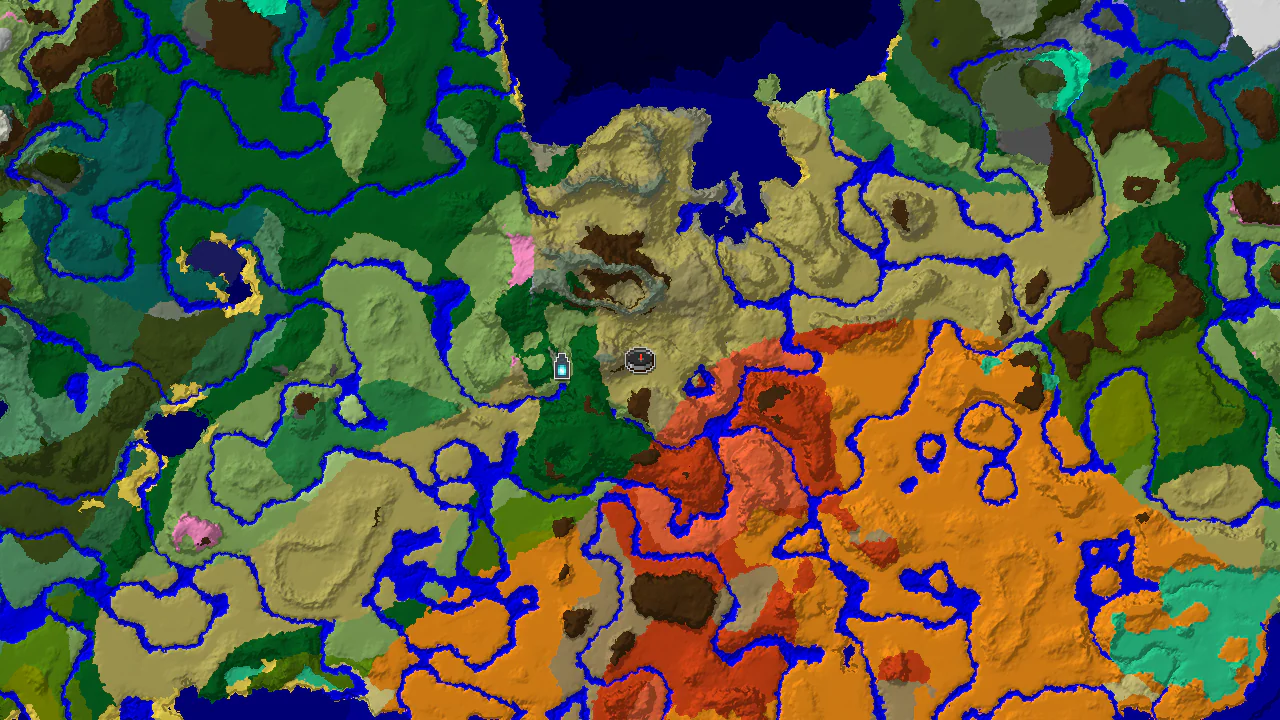 Top-down 2D biome map centred on the savanna spawn, with a spawn marker, an Ancient City marker to the west and two village markers.
