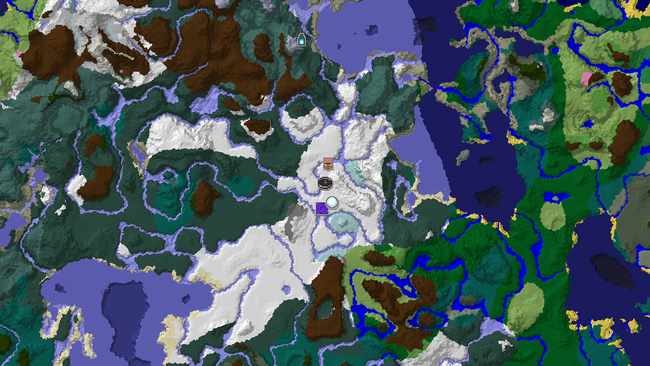 Top-down 2D biome map centred on spawn in a snowy plains region, with a spawn marker and markers for the village, igloo, ruined portal and ancient city.