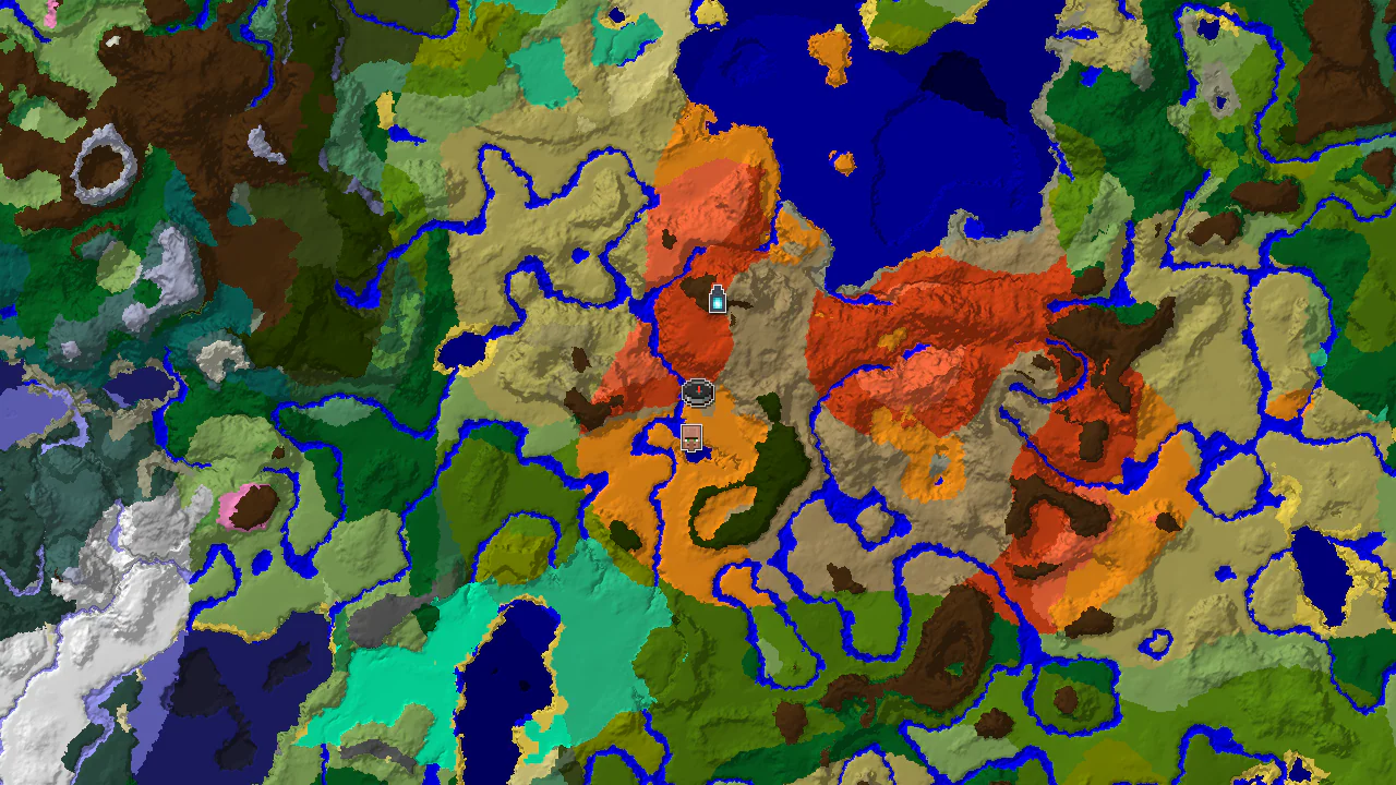 Top-down 2D biome map centred on a spawn marker in badlands, with markers for a village to the south, an ancient city to the north and a distant stronghold.