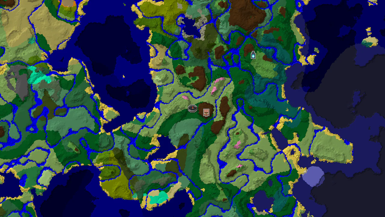 Top-down 2D biome map centred on the spawn marker in a forest, with village, ancient city and stronghold markers placed around it.