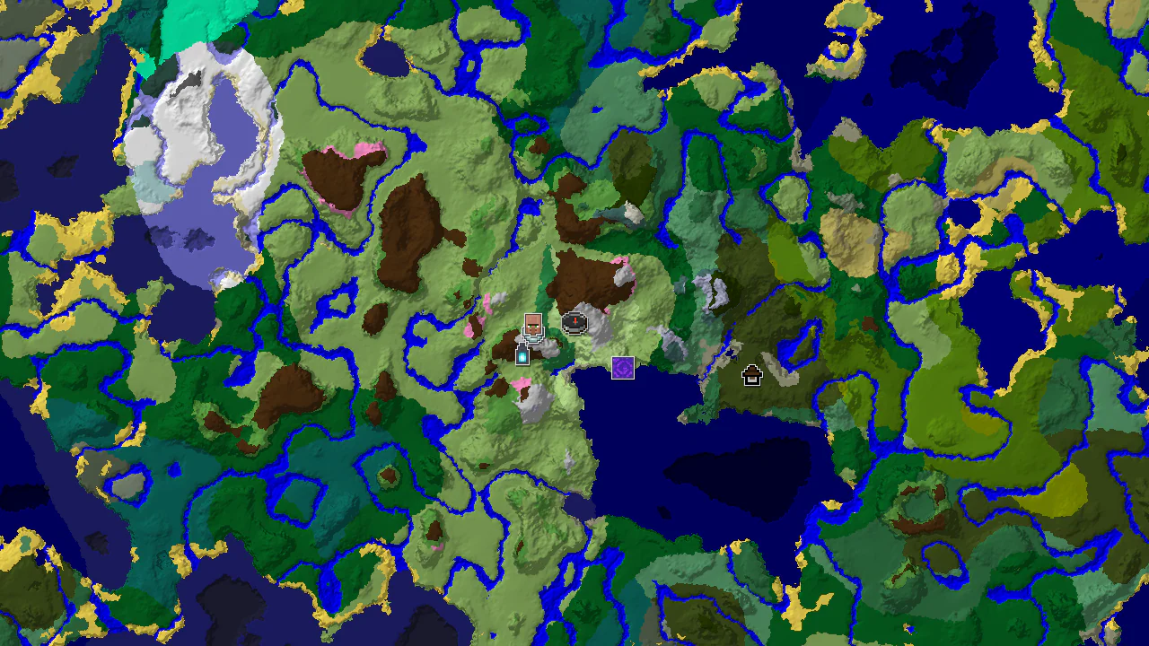 Top-down 2D biome map centred on spawn, with a spawn marker and markers for two villages, an igloo, a ruined portal, an ancient city and a woodland mansion.