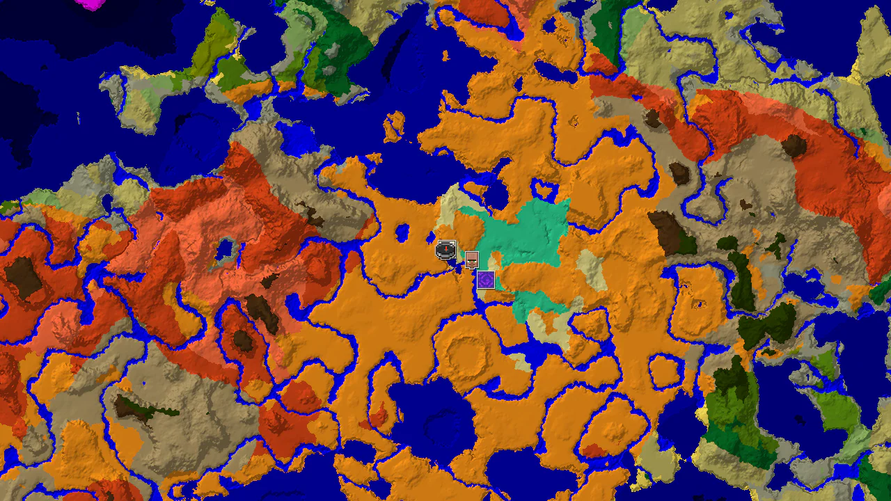 Top-down 2D biome map centred on a desert spawn marker, with markers for a nearby desert pyramid, a village to the east and a ruined portal to the south-east.